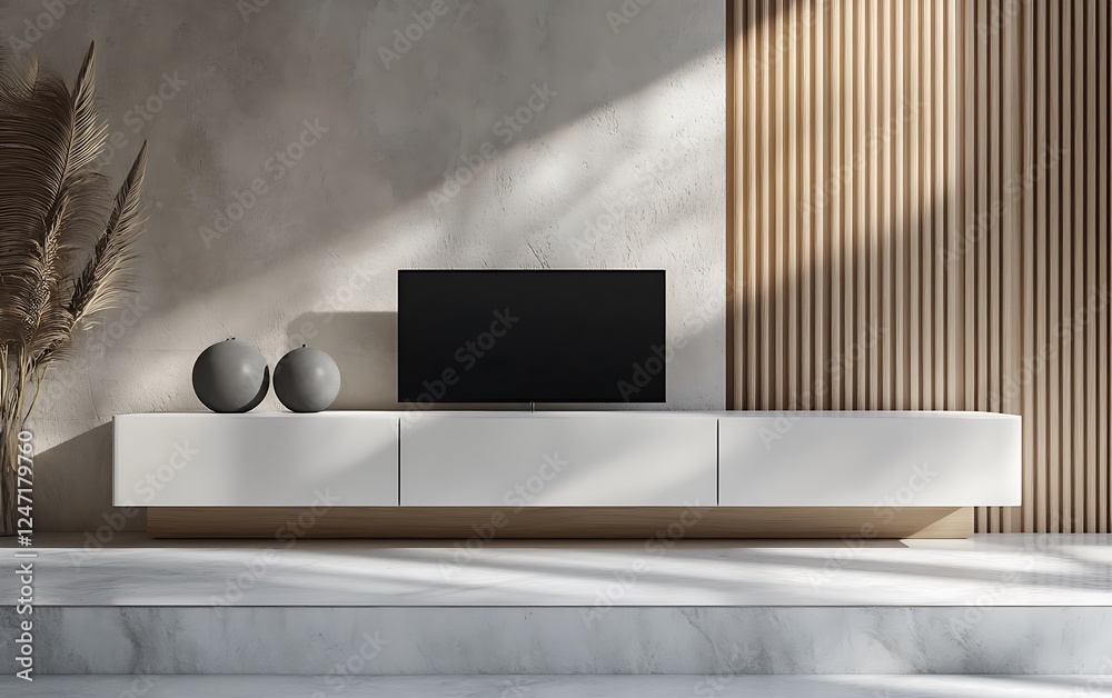 3D rendering of a mockup empty wall with a white wood cabinet and a black TV on top in a modern living room interior design, HD, minimalist style 3D rendering of a mockup empty wall with a white wood cabinet and a black TV on top in a modern living room interior design, HD, minimalist style