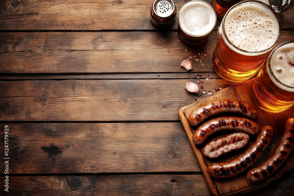A delightful spread featuring grilled sausages placed on a wooden board alongside chilled beer in glasses. Perfect for a casual gathering or outdoor feast. With copy space for text