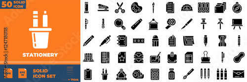 Stationery Solid  Editable Icons set. Vector illustration in modern thin solid style of stationery icons: pen, write, pencil, note, edit, writer, document, etc