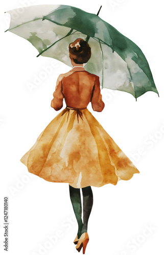 Vintage Watercolor Illustration of Woman with Umbrella in Paris Rain