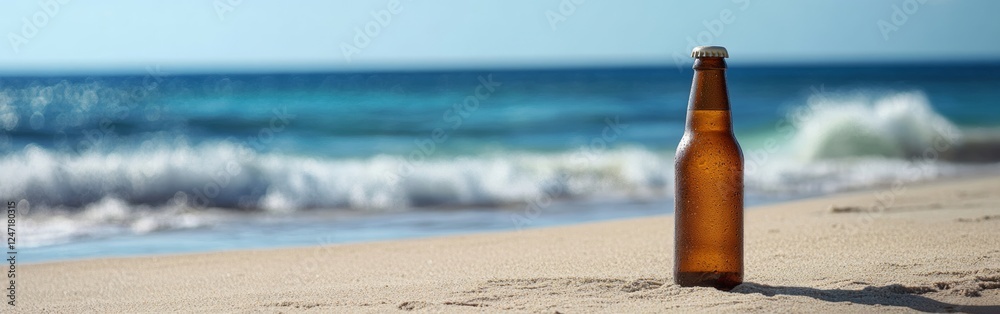 A cold beer bottle stands on soft sand as gentle ocean waves splash in the background, creating a perfect summer atmosphere. The bright blue sky enhances the tranquil setting A cold beer bottle stands on soft sand as gentle ocean waves splash in the background, creating a perfect summer atmosphere. The bright blue sky enhances the tranquil setting