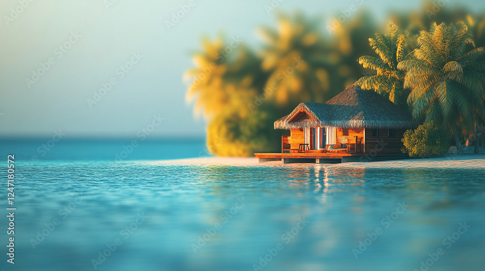 Fototapeta premium A serene wooden hut on a secluded island, embraced by lush tropical trees. The bright, modern atmosphere creates a peaceful escape, with ample space for reflection or imagination