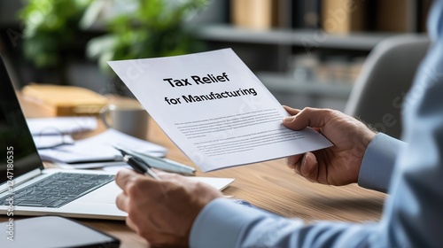 Close-up of a businessman reviewing a 'Tax Relief for Manufacturing' document, representing industrial incentives and financial strategies.