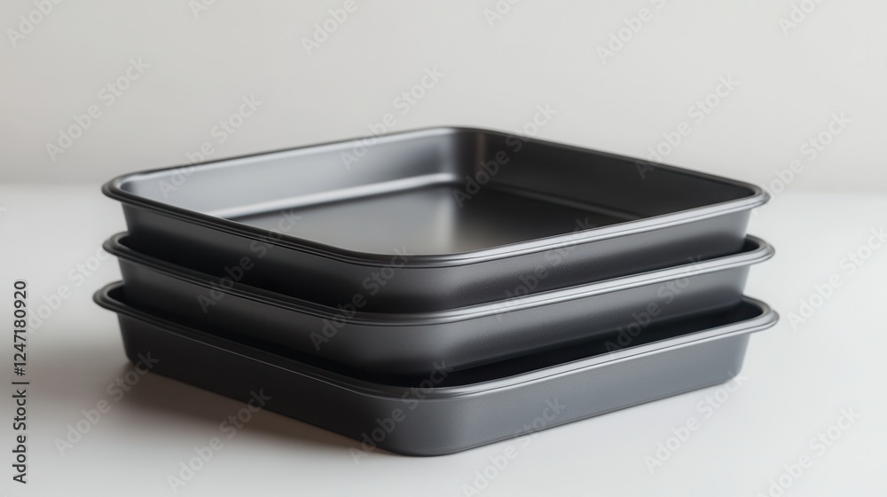 A single set of baking trays isolated on a white surface, perfect for baking accessories marketing. A single set of baking trays isolated on a white surface, perfect for baking accessories marketing.
