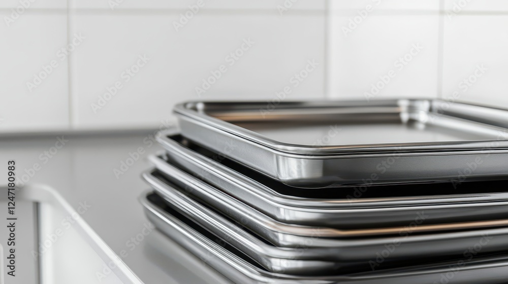 A single set of baking trays isolated on a white surface, perfect for baking accessories marketing. A single set of baking trays isolated on a white surface, perfect for baking accessories marketing.