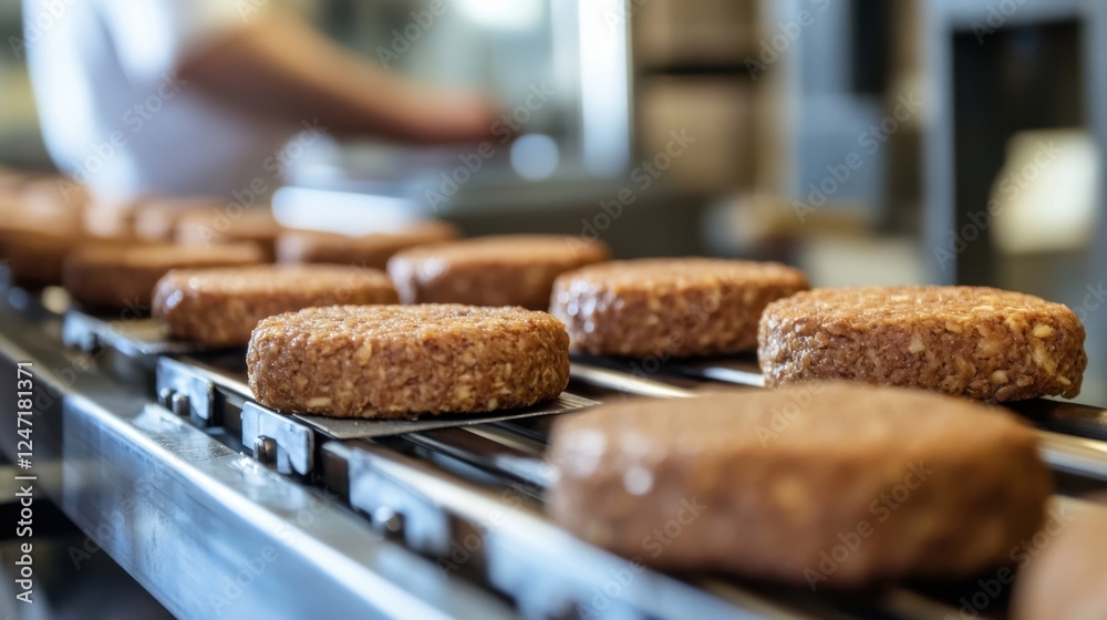 custom made wallpaper toronto digitalPlant based burger patties moving along a production line in a food processing facility. The focus is on the industrial process of creating meat alternatives for sustainable consumption