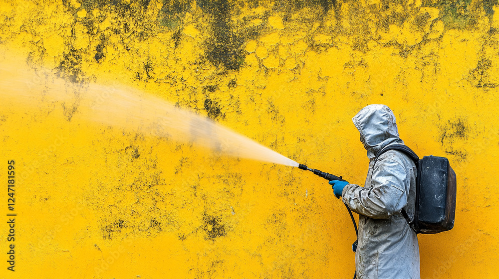 A power washer cleans a dirty, algae-covered wall, peeling away grime with high-pressure spray, symbolizing renewal, transformation, and overcoming obstacles in a modern, bright-toned environment A power washer cleans a dirty, algae-covered wall, peeling away grime with high-pressure spray, symbolizing renewal, transformation, and overcoming obstacles in a modern, bright-toned environment