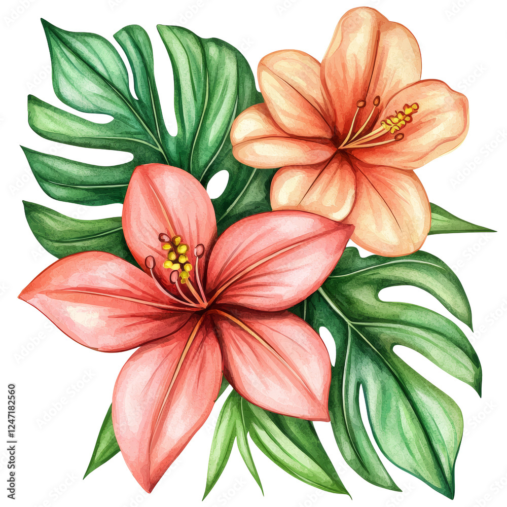 Fototapeta premium Vibrant Tropical Flowers with Green Leaves in Botanical Style Illustration
