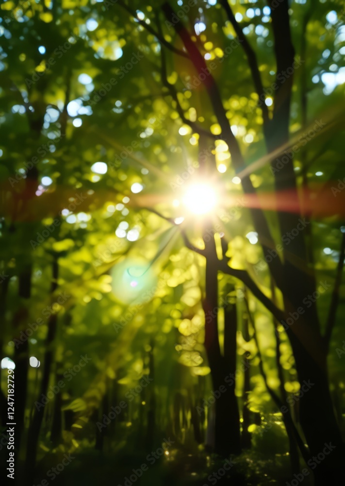 Obraz premium Organic wooden vintage background isolated at blurry summer or spring fresh sunny green bokeh of defocused fresh foliage of trees bright magic sunlight and sun flares bursting softly through branches 