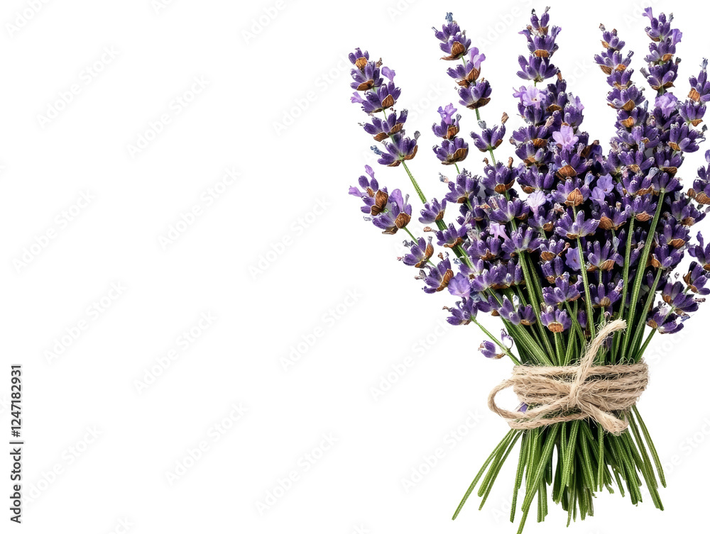 Fototapeta premium Freshly Harvested Lavender Bouquet with Twine on a White Background
