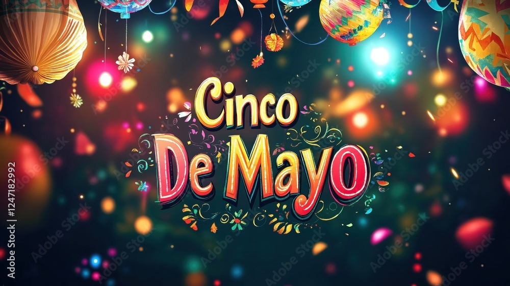 Naklejka premium Cinco de Mayo Typography with Confetti and Sparkling Effects