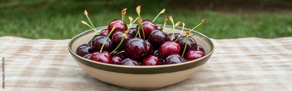 A vibrant bowl filled with ripe cherries sits on a checked picnic tablecloth outside, surrounded by lush green grass under a clear blue sky, perfect for summer gatherings A vibrant bowl filled with ripe cherries sits on a checked picnic tablecloth outside, surrounded by lush green grass under a clear blue sky, perfect for summer gatherings