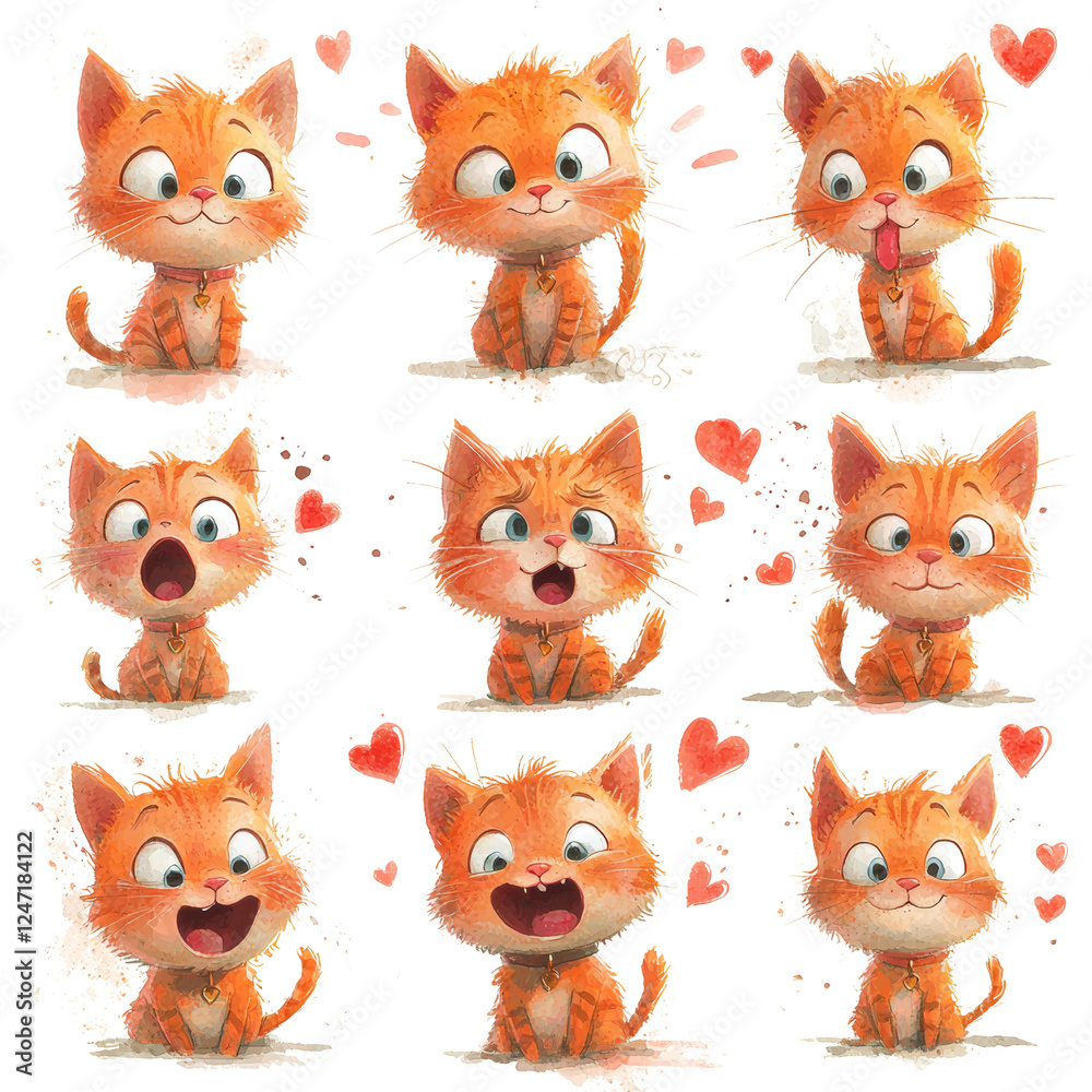Cute Cartoon Cat Emotions with Hearts in a Playful and Colorful Style Cute Cartoon Cat Emotions with Hearts in a Playful and Colorful Style