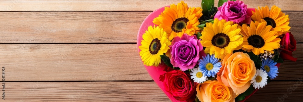 Fototapeta premium Colorful Heart Shaped Flower Arrangement on Wooden Table - A vibrant heart-shaped bouquet featuring sunflowers, roses, and daisies, resting on a wooden surface, perfect for special occasions.