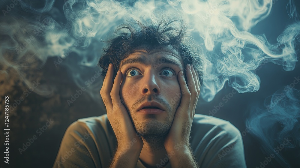 Anxious Man Surrounded by Swirling Smoke Anxious Man Surrounded by Swirling Smoke