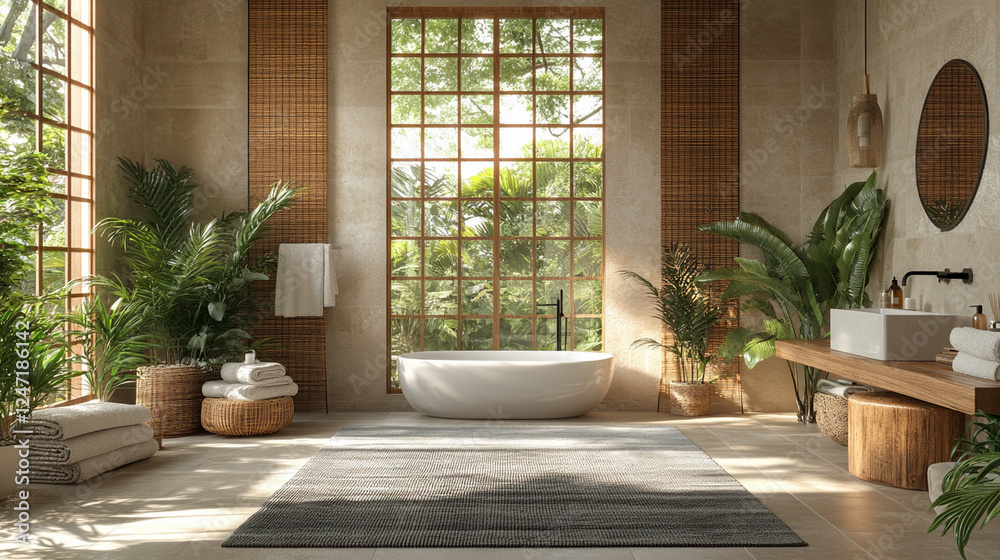 Fototapeta premium A spacious bathroom with natural light, large windows, indoor plants, and a freestanding bathtub creating an eco-friendly, tropical spa vibe
