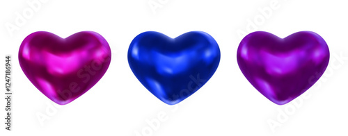 3d glossy hearts purple, blue, violet colors. Symbol of love, romantic relationships. Valentine's Day vector elements for design romantic events, valentine, certificate, banner.