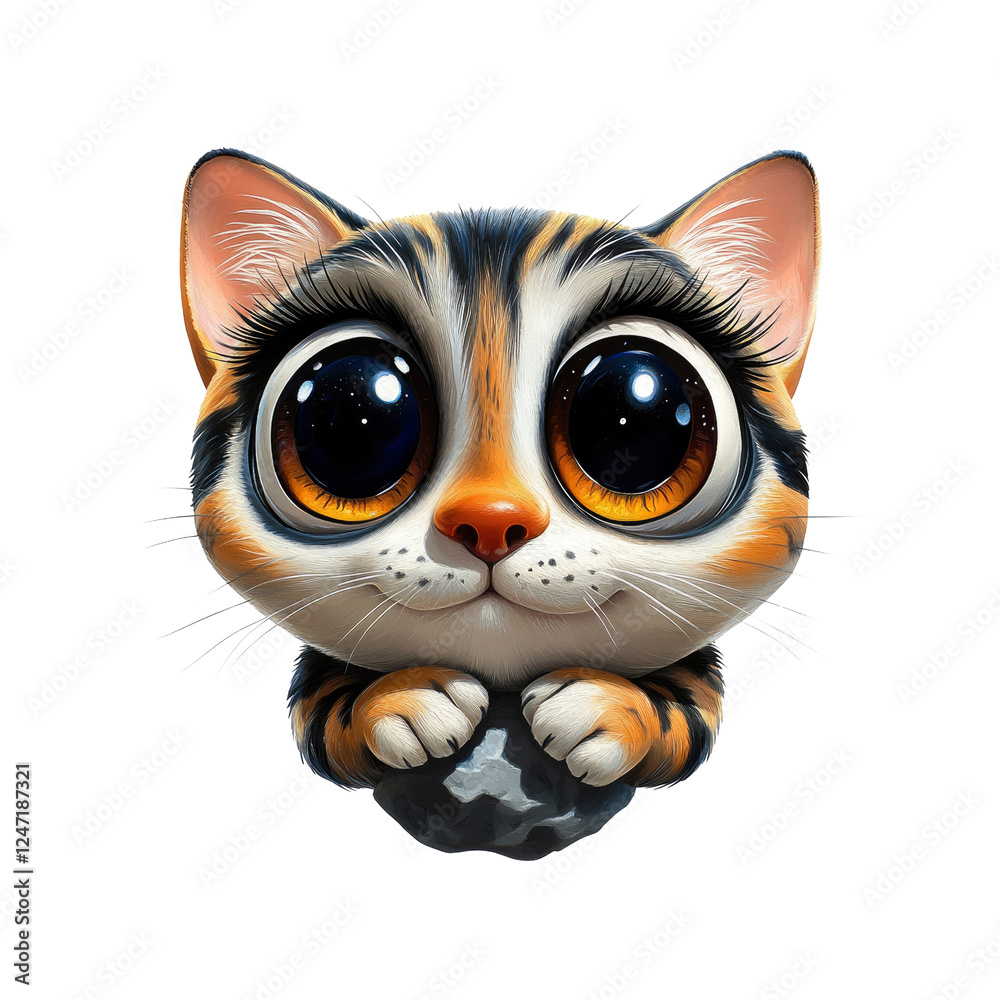 Obraz premium Adorable Cartoon Kitten with Big Eyes Holding a Rock