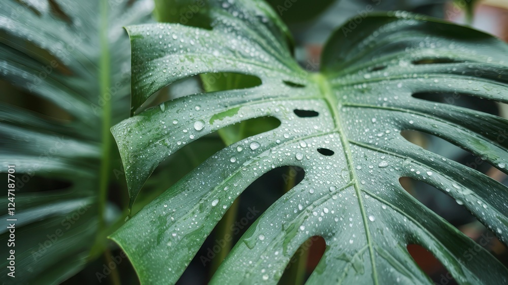 Fototapeta premium Close-up of vibrant green Monstera leaves adorned with droplets of water, showcasing their unique holes and texture.