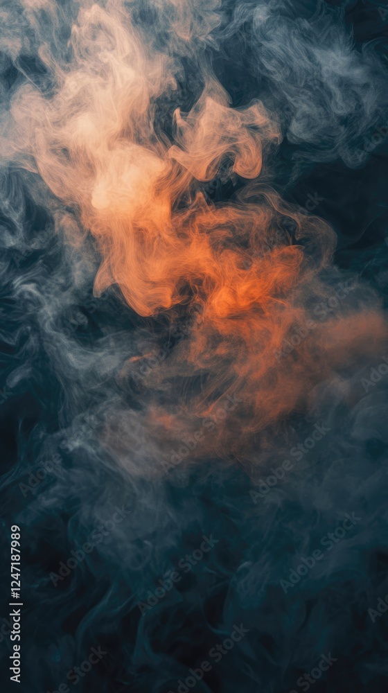 Fototapeta premium Dramatic abstract background with swirling dark orange smoke on a black backdrop. A mysterious, fiery, and atmospheric composition, ideal for fantasy, cinematic, and creative projects. Vertical banner