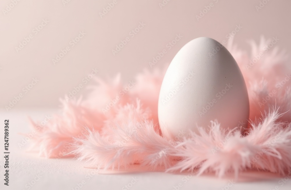 White egg in soft pink feathers, delicate Easter still life composition White egg in soft pink feathers, delicate Easter still life composition