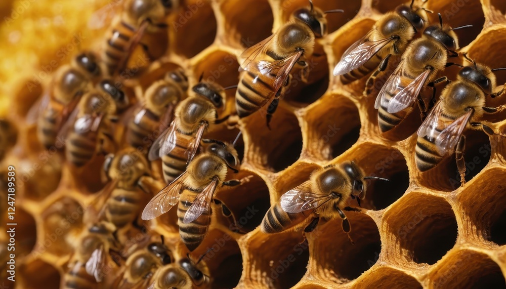 Swarm of bees collaborating inside the hive, showcasing the beauty of pollination and teamwork. The warm golden tones of the honeycomb add a natural and organic feel. Swarm of bees collaborating inside the hive, showcasing the beauty of pollination and teamwork. The warm golden tones of the honeycomb add a natural and organic feel.