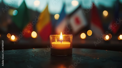 A burning candle placed between two flags symbolizes remembrance, hope, and the pursuit of peace. The image conveys the need for stability and reconciliation in the Middle East.