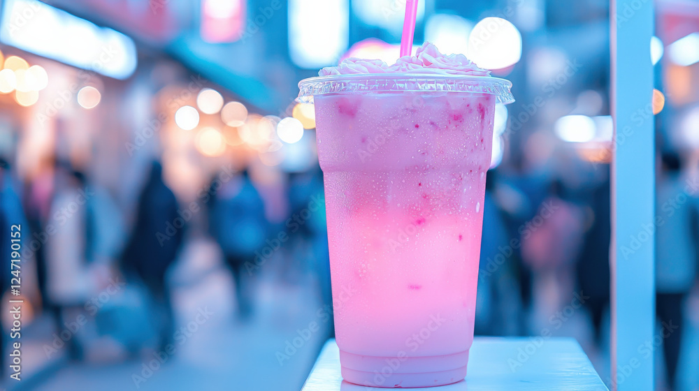 Pink_frozen_beverage_with_whipped_cream,_city_backdrop. Pink_frozen_beverage_with_whipped_cream,_city_backdrop.