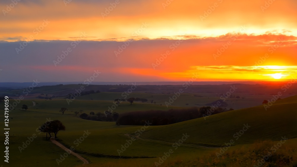 Obraz premium Golden sunlight illuminating rolling green hills, spreading warm hues across landscape during twilight, painting expansive natural scenery with radiant evening luminescence