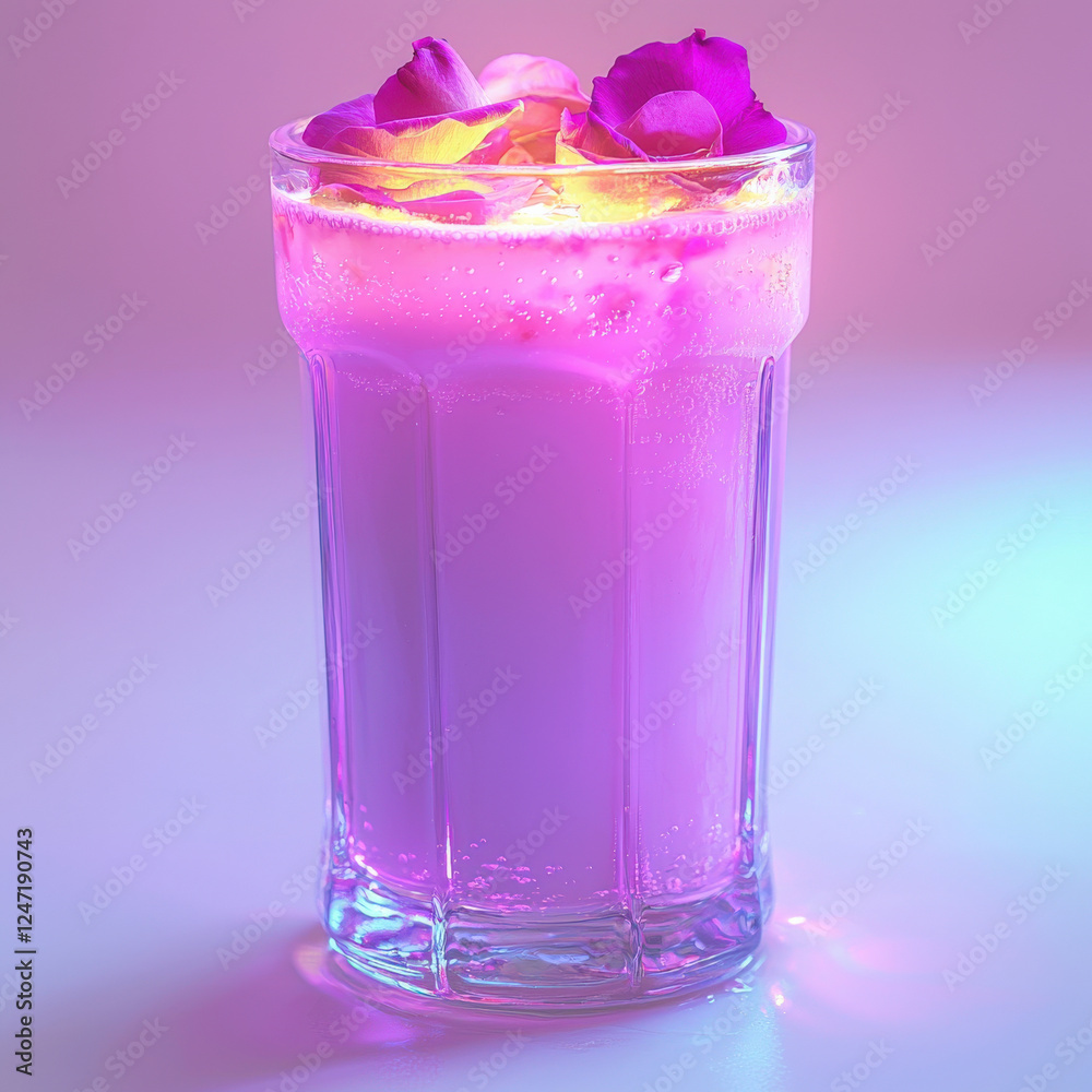 Pink_bubbly_drink_garnished_with_rose_petals_under_purple_light. Pink_bubbly_drink_garnished_with_rose_petals_under_purple_light.