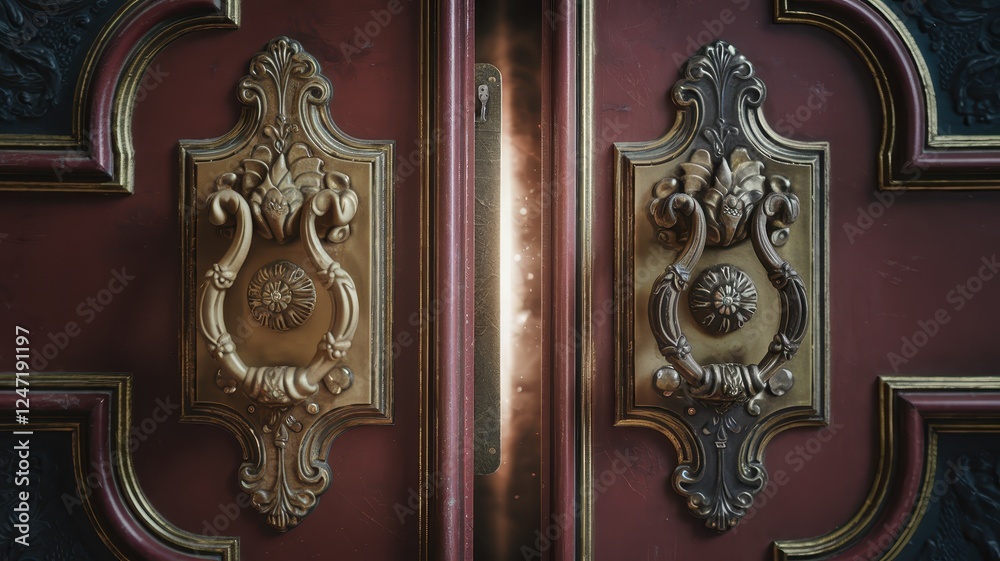 A beautifully ornate antique double door reveals a glowing light, hinting at a mysterious world beyond, decorated with brass handles and intricate carvings. A beautifully ornate antique double door reveals a glowing light, hinting at a mysterious world beyond, decorated with brass handles and intricate carvings.