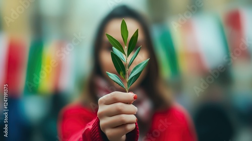 A woman stands gracefully, holding an olive branch as a symbol of peace, with blurred flags in the background, representing diplomacy and unity.