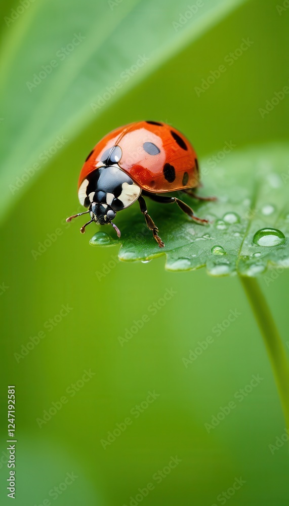 A high-resolution macro photograph of a ladybug exploring a leaf covered in morning dew. The perfect representation of biodiversity, insects, and natural balance A high-resolution macro photograph of a ladybug exploring a leaf covered in morning dew. The perfect representation of biodiversity, insects, and natural balance