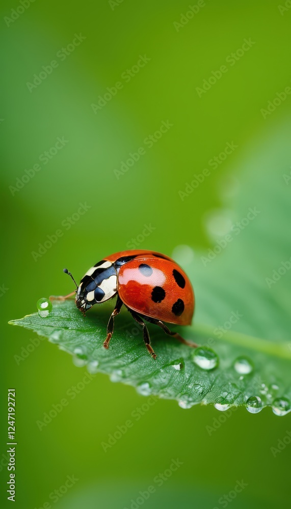 A high-resolution macro photograph of a ladybug exploring a leaf covered in morning dew. The perfect representation of biodiversity, insects, and natural balance A high-resolution macro photograph of a ladybug exploring a leaf covered in morning dew. The perfect representation of biodiversity, insects, and natural balance