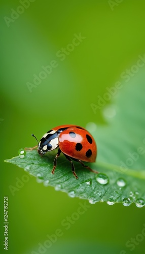 A high-resolution macro photograph of a ladybug exploring a leaf covered in morning dew. The perfect representation of biodiversity, insects, and natural balance
