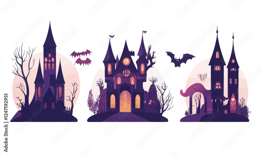 Halloween Magic Castle Vector Set with Bats and Spooky Forest Elements Halloween Magic Castle Vector Set with Bats and Spooky Forest Elements