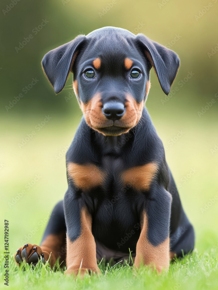 cute Doberman puppy sitting on green grass, showcasing its shiny coat and expressive eyes. playful demeanor and alert posture highlight its youthful energy and charm cute Doberman puppy sitting on green grass, showcasing its shiny coat and expressive eyes. playful demeanor and alert posture highlight its youthful energy and charm