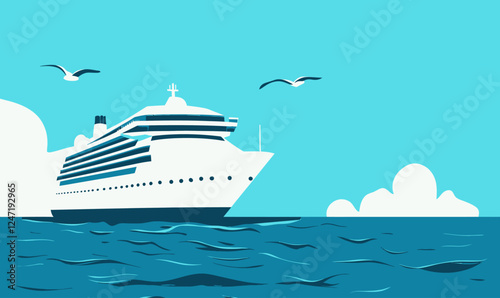 Minimalist Cruise Ship on Ocean with Seagulls in Flat SVG Vector Style