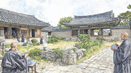 Wallpaper Mural Monks_sharing_tea_in_a_serene_temple_courtyard. Torontodigital.ca