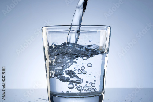 Close-Up of Clear Water Being Poured into a Glass with Bubbles in a Minimalist Setting