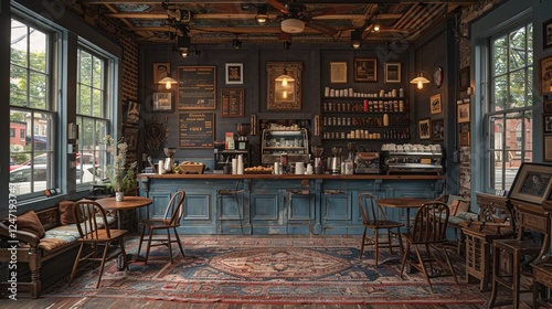 A charming coffee shop with soft lighting, comfortable armchairs, and walls adorned with local art, plus a counter filled with coffee and fresh pastries