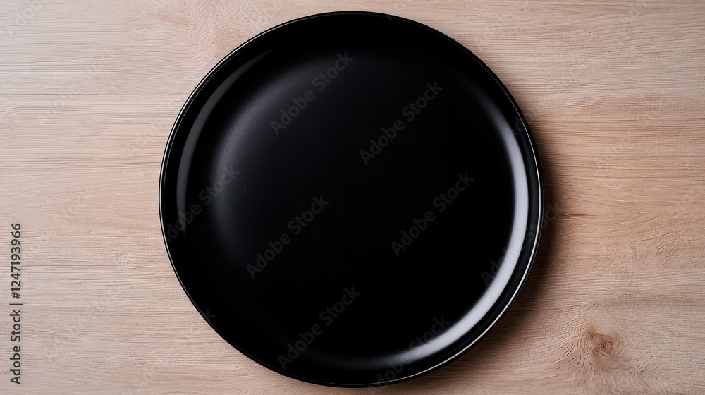Empty black plate on wooden table, overhead shot, food background Empty black plate on wooden table, overhead shot, food background