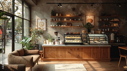 A welcoming coffee shop with warm beige walls, comfortable seating, and a display case filled with coffee drinks and pastries