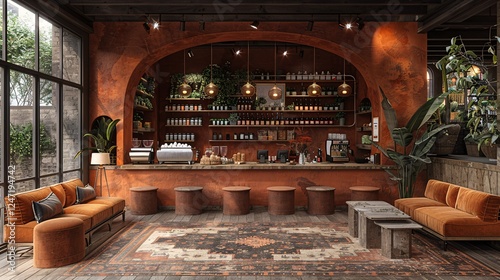 A charming coffee shop with a warm color palette, featuring cushioned seating, ambient lighting, and a counter filled with coffee drinks and fresh pastries