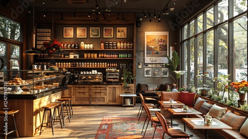A relaxed coffee shop with soft lighting, eclectic furnishings, and walls adorned with artistic prints, featuring a counter with an assortment of coffee and baked goods
