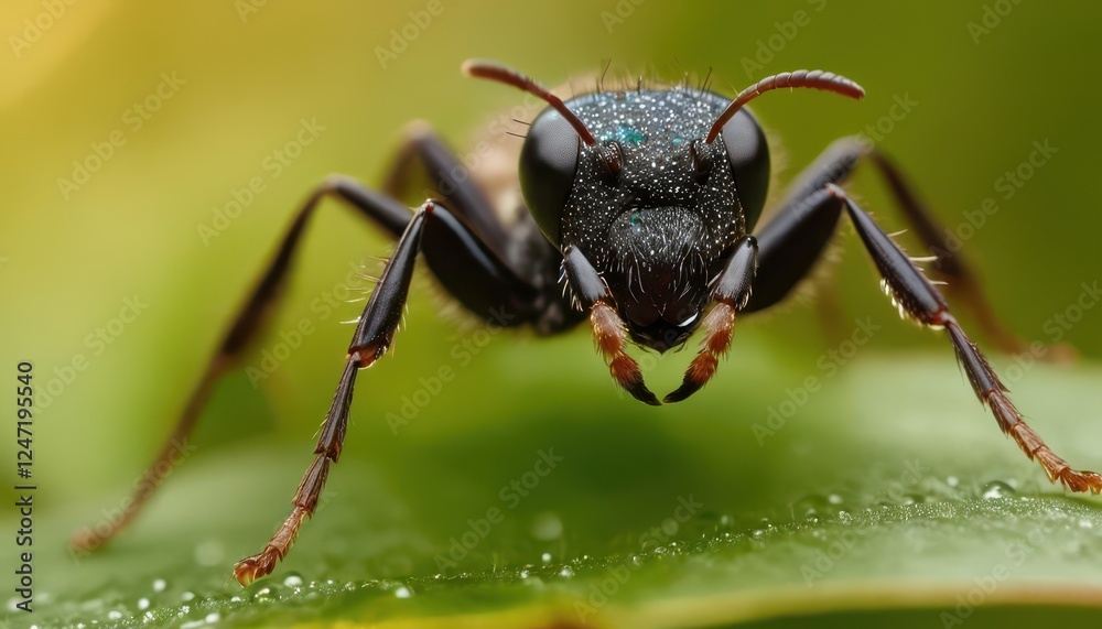 A high-resolution macro photograph of a black ant exploring a dewdrop-covered leaf. The golden bokeh background enhances the scene, highlighting the beauty of this tiny creature.