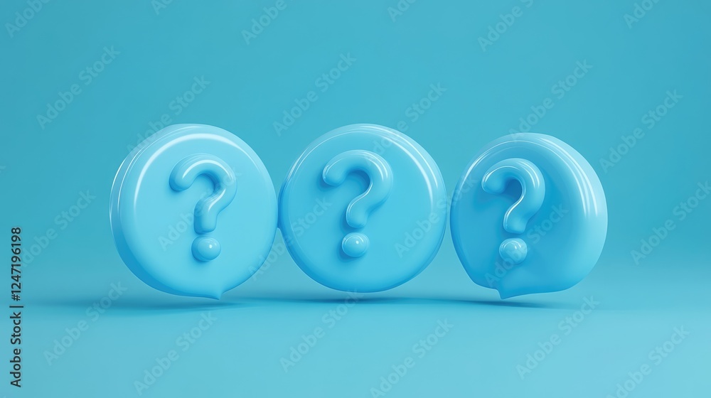 Three blue speech bubbles with question marks on a light blue background. Three blue speech bubbles with question marks on a light blue background.