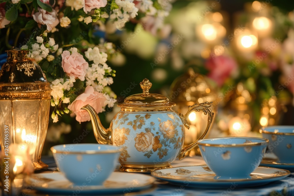Fototapeta premium Elegant blue and gold tea set with floral arrangement and lantern lighting