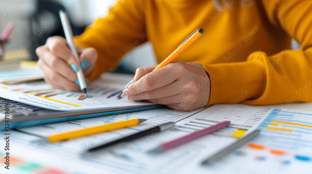 Businessman analyzing financial data and growth graph for strategic planning on blue background Businessman analyzing financial data and growth graph for strategic planning on blue background