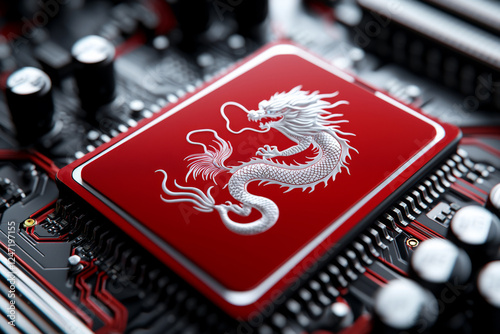 Chinese AI chip with dragon emblem on circuit board.